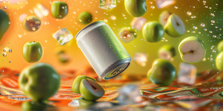 Green apples falling into a can of soda. 3d illustration.の素材