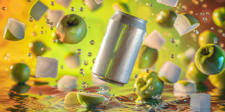 Falling green apples with soda can on yellow background. 3d illustrationの素材