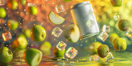Falling apples, ice cubes and soda can. 3d renderingの素材
