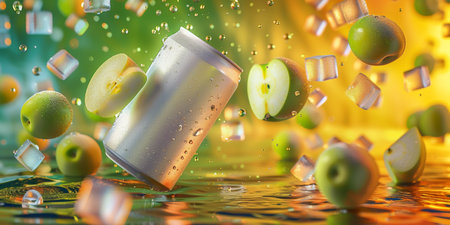 Falling apple and ice cubes on colorful background. 3d renderingの素材