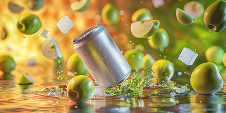 Green apples falling into aluminum can with ice cubes, 3d illustrationの素材