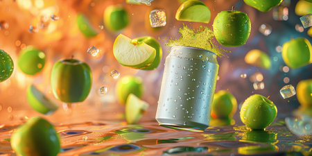 Aluminum soda can with green apples falling into water, 3d illustrationの素材