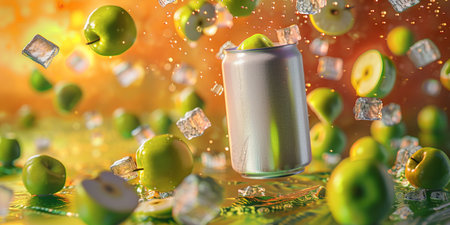 Green apples falling into a can of soda. 3d illustration.の素材