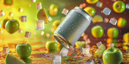 Aluminum soda can with falling apples and ice cubes. 3d illustrationの素材