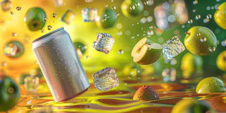Aluminum can with falling apples and ice cubes on yellow background.の素材