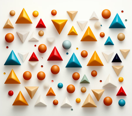 Abstract geometric background with colorful triangles and balls. 3d render illustrationの素材