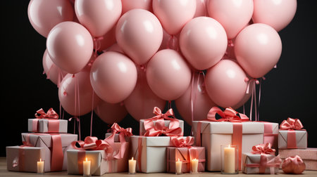 Gift boxes and pink balloons on wooden table. 3d renderingの素材