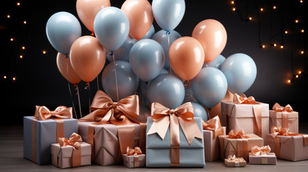 Gift boxes with ribbons and balloons. 3D rendering.の素材