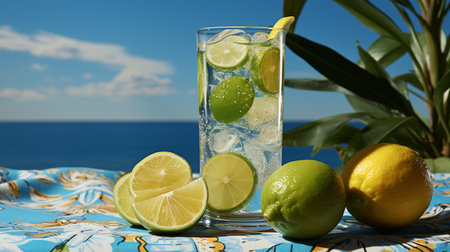 Cocktail with lime and lemon on the background of the seaの素材