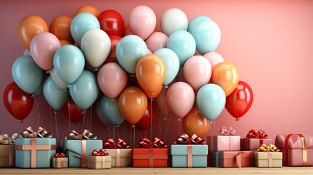 3d render of colorful balloons and gift boxes on wooden table.の素材