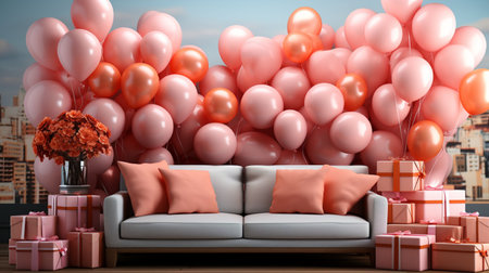 Living room interior with sofa and pink balloons. 3d render.の素材