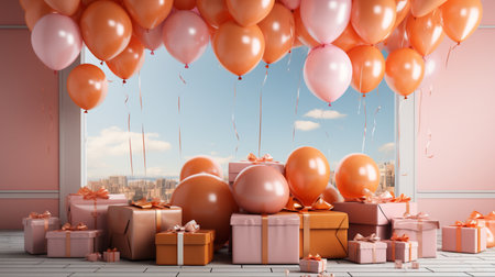 Pink interior with balloons, gift boxes and city view. 3D Renderingの素材