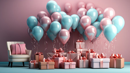 Pink and blue balloons, armchair and gift boxes on a wooden table. 3d renderingの素材