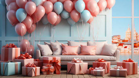 Blue living room with sofa, pink and blue balloons and gifts 3D renderingの素材
