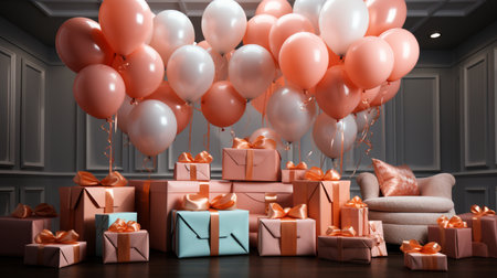 Gift boxes with ribbons and balloons. 3D rendering.の素材