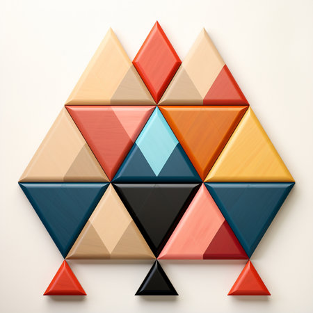 3d rendering of a pyramid of colored triangles on a white backgroundの素材
