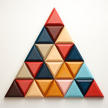 Pyramid made of colorful triangles on white background. 3d renderの素材