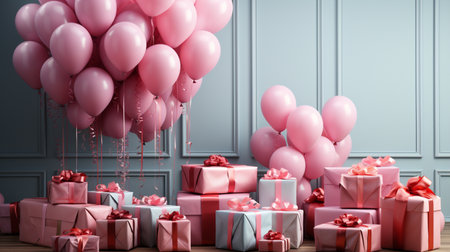 Pink balloons and gift boxes with ribbons in classic interior. 3D Renderの素材