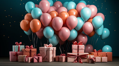 Gift boxes with colorful balloons and ribbons. 3D renderingの素材