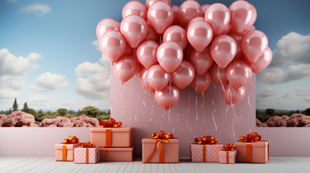 Gift boxes and pink balloons on wooden terrace 3D renderingの素材
