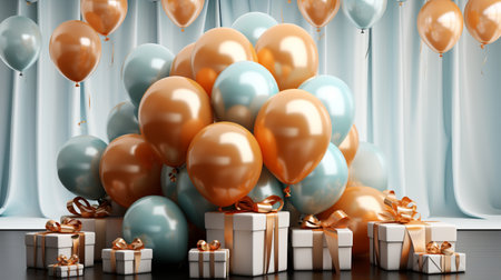Celebration background with balloons and gift boxes. 3D Renderの素材