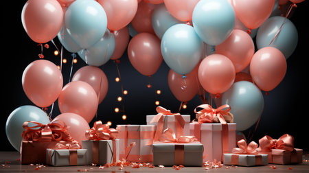 Gift boxes and balloons on a dark background. 3d renderingの素材
