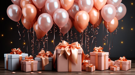 Holiday background with gift boxes and balloons. 3D Renderingの素材