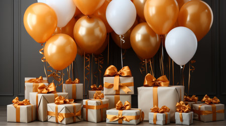 Gift boxes with golden ribbons and balloons on grey wall backgroundの素材