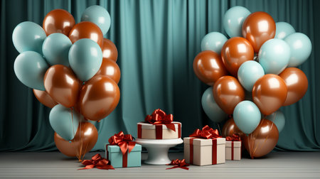 Celebration background with gift boxes and balloons. 3d renderの素材