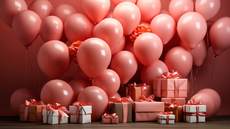 Valentine's Day background with pink balloons and gift boxes. 3d renderingの素材