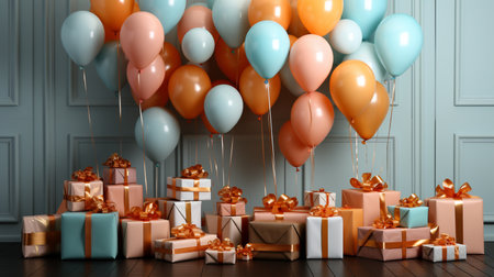 Gift boxes with ribbons and balloons in classic interior. 3D Renderの素材