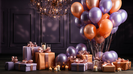 Gift boxes with balloons and candles on wooden table against dark backgroundの素材