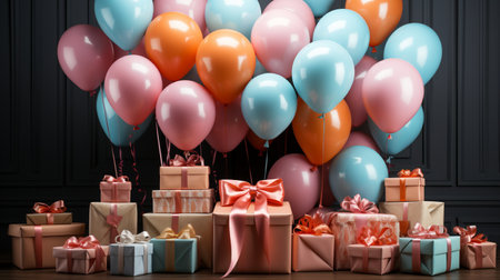 Gift boxes and balloons on wooden table, closeup. Birthday celebrationの素材