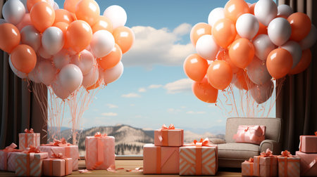 Colorful balloons and gift boxes on the windowsill. 3d renderingの素材