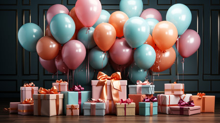 Gift boxes and colorful balloons on wooden floor. 3D renderingの素材