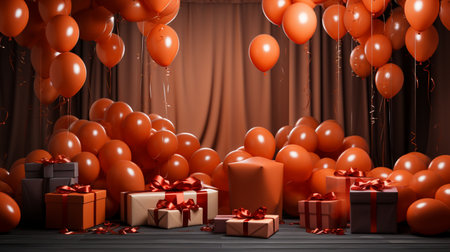 Valentines day background with balloons and gift boxes. 3d renderの素材