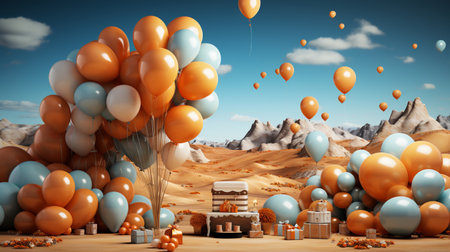 3d render of birthday party with balloons and cake in the desertの素材
