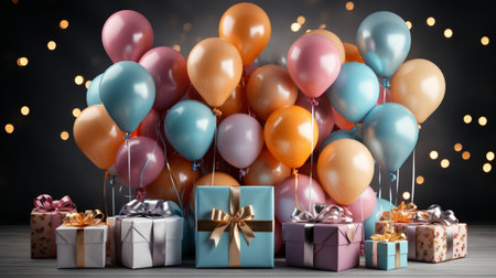 Colorful balloons and gifts on wooden table with bokeh effectの素材