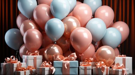 3d render of pink and blue balloons, gift boxes and ribbonsの素材