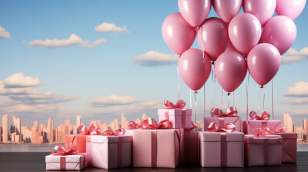 Gift boxes with pink balloons on the city background. 3D Renderの素材