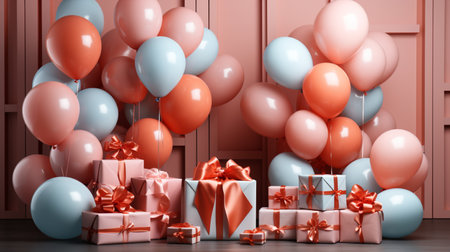 3d render of gift boxes with balloons and ribbons on wooden backgroundの素材