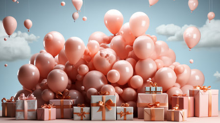 Gift boxes and balloons on blue sky background. 3D Renderの素材