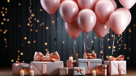 Gift boxes with pink ribbons and balloons. 3D renderingの素材