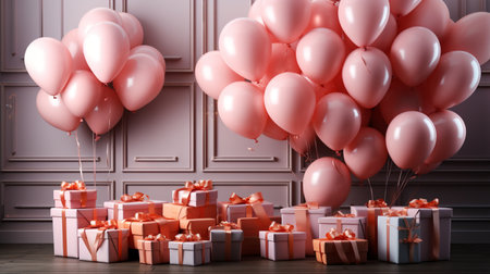 Gift boxes with pink balloons and ribbons. 3d renderingの素材