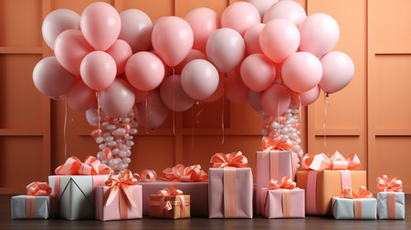Gift boxes with pink balloons and ribbons on wooden table. 3d renderingの素材