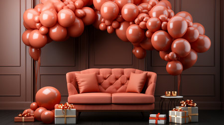 Living room with red sofa, gift boxes and balloons. 3D renderingの素材