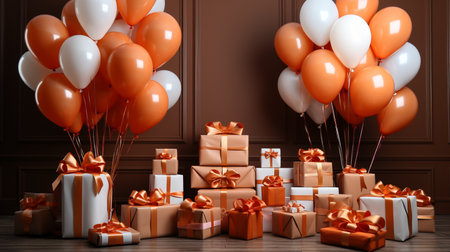 Many gift boxes and balloons on wooden floor. 3D rendering.の素材