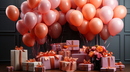 Gift boxes and pink balloons on the table. 3d renderingの素材