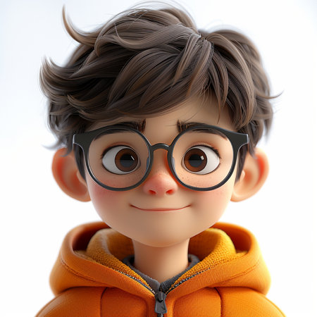 3d rendering of a little boy with glasses and a hoodieの素材