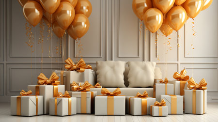 3d render of white sofa with golden balloons and gift boxes in classic interiorの素材